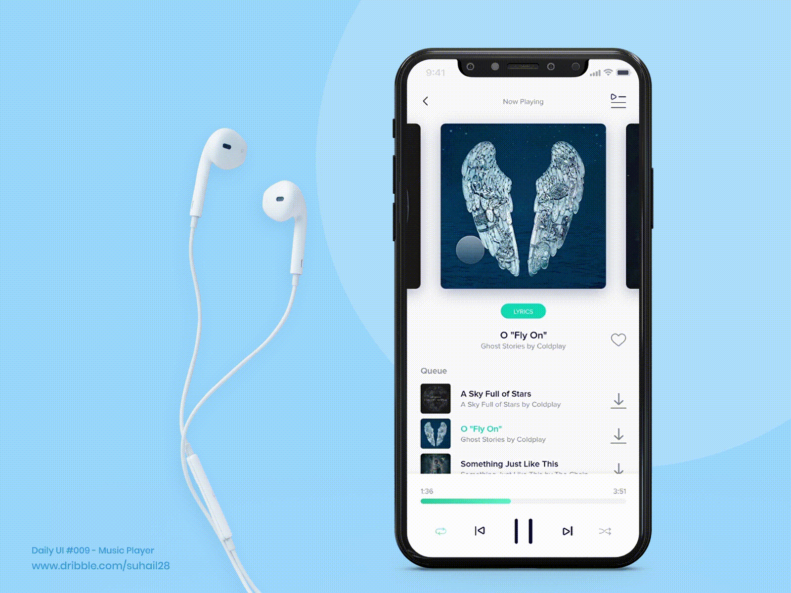 Music player - Coldplay ❤ adobe xd dailyui gif mobile app music app music ui photoshop ui design ux design
