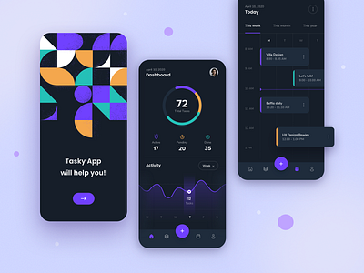 TaskyApp - concept design app app design application concept design dark theme ui design geometric interface mobile app mobile app design mobile application mobileui task ui