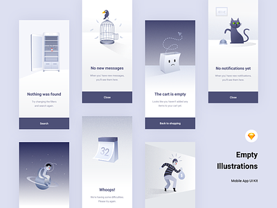 Empty States Illustrations - freebie android animals animation business calendar concept design empty states fintech freebies gradients graphic design illustration ios iphone material design minimal mobile app sketch web design windows phone