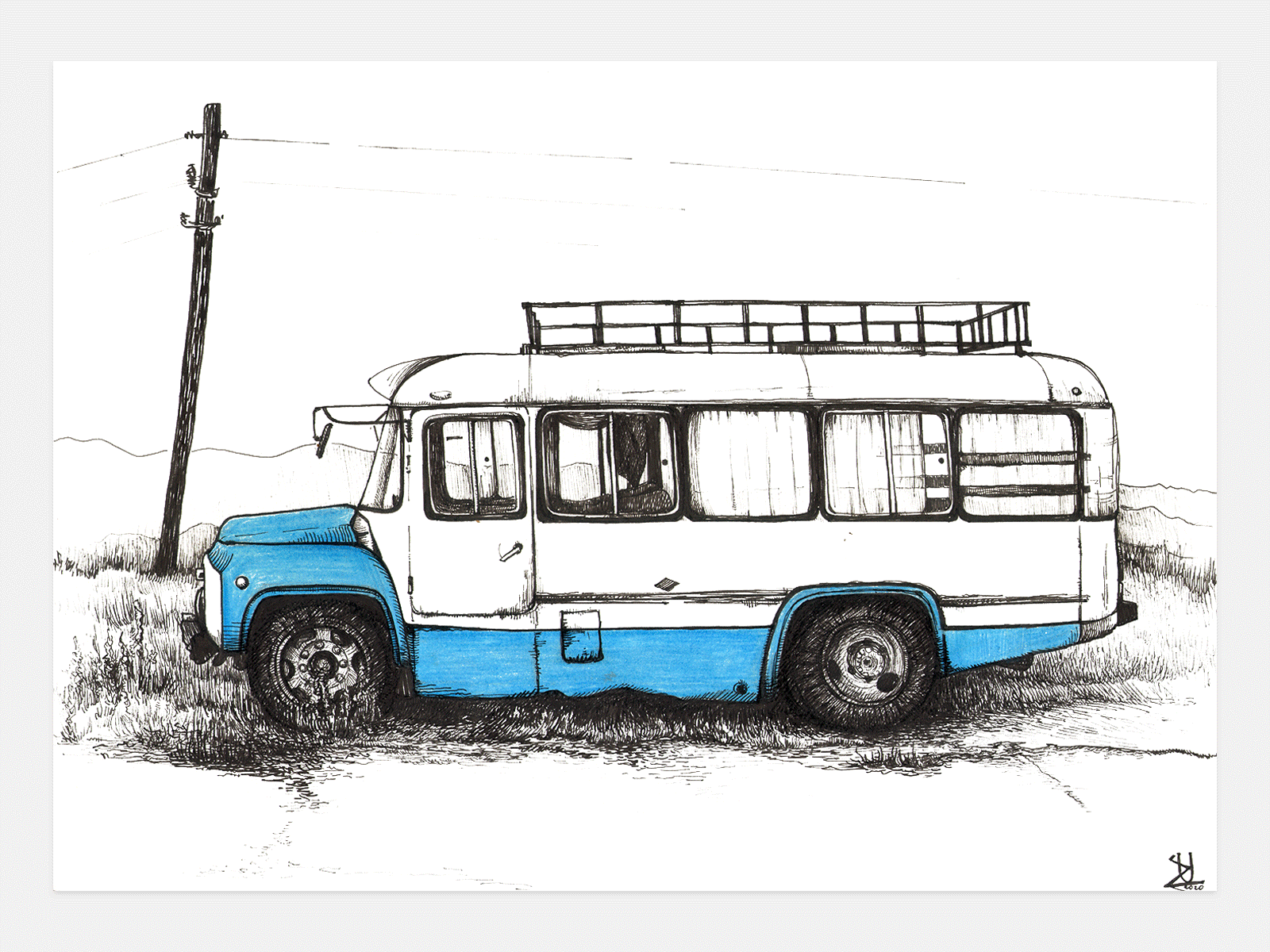 Old Bus black white blue bus graphics green illustration ink old old bus paper pen yelow