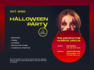 Promo Site - Halloween Party amsterdam circus clean clown event figma halloween halloween party horror landing page minimal modern party promo promo page promo site scary spooky ui ux webdesign