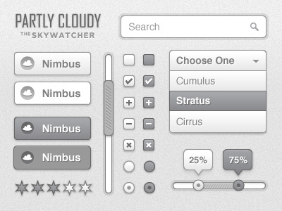 Partly Cloudy UI Kit button cloud cloudy grey scroll search ui ui kit user interface vector