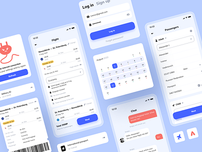 Air flight. Booking | iOS app calendar chat date documents flight form icons ios log in mobile modal window no connection passenger ticket transfer