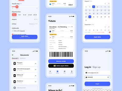 Flight booking | Mobile app airplane app avia baggage calendar documents filters flight flight search icons log in mobile profile tickets