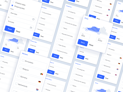 Filter Options for BackMarket's Back Office app backmarket backoffice categories countries dashboard date figma filters inputs lightmode marketplace price product range select slider stock ui ux