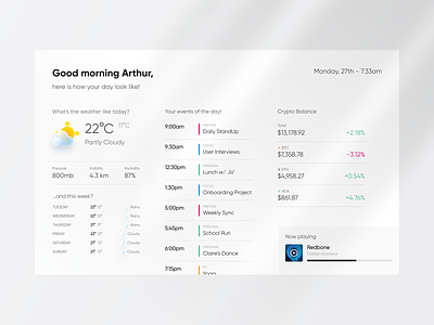 Personal Smart Assistant Dashboard agenda app assistant balance bank calendar crypto currency dashboard figma home meeting music player shadow smart ui ux weather website