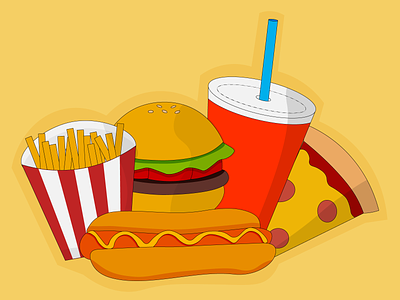 Fast Food adobe illustrator burger fast food flat design flat illustration food food and drink food illustration french fries hot dog illustration pizza soda vector art