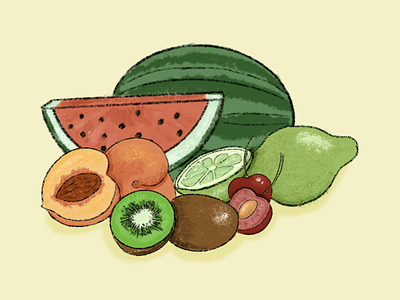 Feeling Fruity art cherry digital illustration freelance fruit fruit illustration fruits illustration illustrator kiwi kiwifruit lime peach pencil drawing watermelon