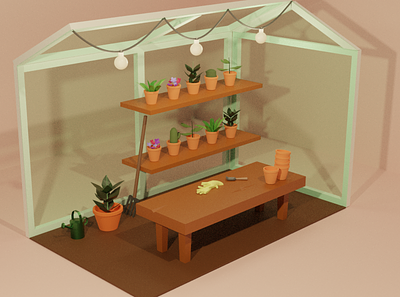 Greenhouse 3d art blender cute flowers gardening graphic design greenhouse isometric plant pot plants watering can