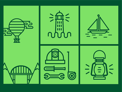Icons & Stuff balloon boat bridge fun icons illustration lamp lighthouse mountains simple travel
