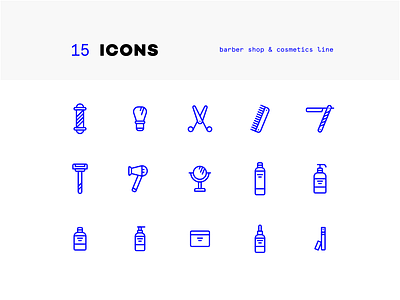 BJØRN Icon Set - Barber shop’s corporate identity barber blade bottle cosmetic hairdryer icon icon set line mirror outline scissors symbol