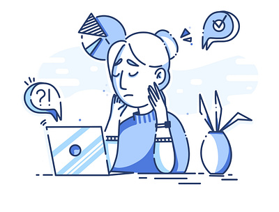 Problematic business busy cartoon character client work design flat girl icon illustration illustrations laptop minimal monochrome problem solving procreate thinking work