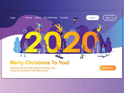 New Year 2020 Landing Page Concept 2020 achievement adobe illustrator flat design illustrator landing page landscape merry christmas mountain new year people resort skier skiing snowboard sport winter winter sports
