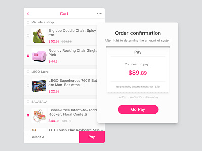 Shopping Cart app cart design pay pink shopping ui