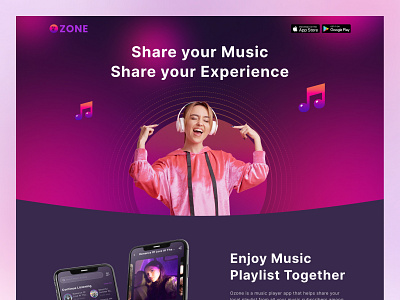 Ozone App - Music Playlist Sharing Platform Landing Page app design landingpage mobile app music music app music player song player ui ux website