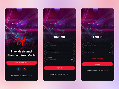 Virgin Music App - Onboarding Music Platform app design mobile app music music app music player onboarding sign in sign up song player ui ux