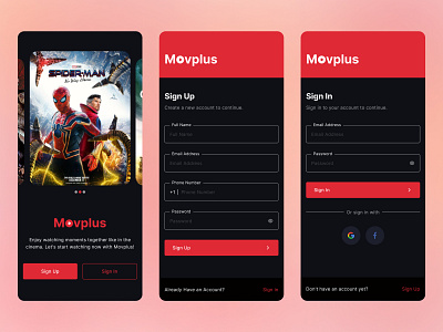Movplus App - Onboarding, Sign Up & Sign In Movie App app dark mode design film film app mobile app movie movie app movie streaming streaming streaming app ui ux