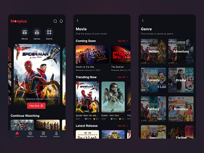 Movplus App - Home, Movie & Genre Movie App app dark mode design film film app mobile app movie movie app streaming app streaming film streaming movie ui ux