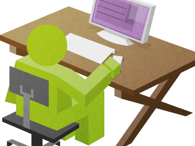 Sending an email brown computer desk figure green illustration man purple stick
