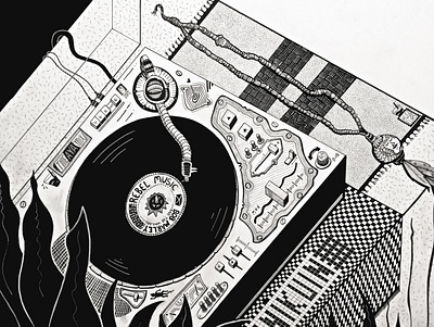"La Sagrada Música de la Selva" art artwork blackandwhite detail detailed disc drawing fineline music panel record player recordplayer vinyl woodpanel