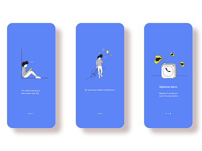 Onboarding slides - language learning app prototype blues characters creativeprocess educational illustrations language learning learning app mood onboarding illustration onboarding screens onboarding ui prototype prototyping spanish ui uiillustration uiux uiuxdesign