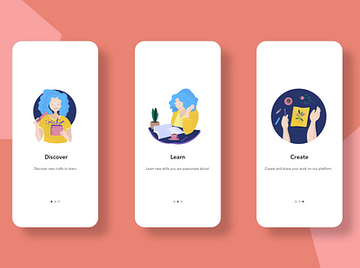Character Illustration - on boarding slides adobeillustration bluehair blues characterdesign coffee cup create new creativeprocess discovery educational girlillustration iphone onboarding illustration onboarding ui slideshow uiillustration uiux