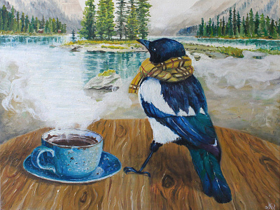 Bird and coffee animal animals artwork bird character character art coffee design illustration illustration art illustrator nature art oil on canvas painting world