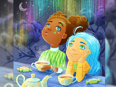 Rainbow artwork black white branding character art child children book cup design fairytale friends game girl character illustration illustrator kids magic forest picture puzzle rainbow tea