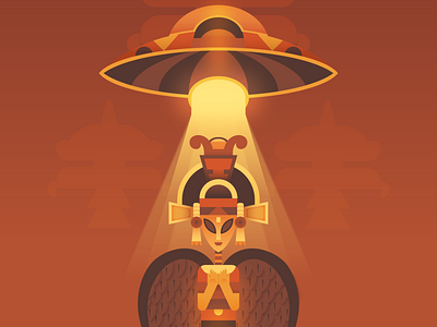 The Grey alien aliens antient gold illustraion orange red ufo