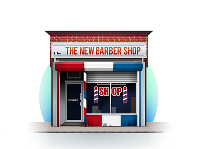 The Barbershop Storefront barbershop blue building design england illustration red shop storefront