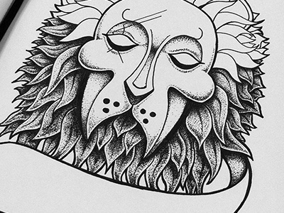 Lion.Mask.Progress.3.3.14 banner black and white illustration ink lion mask pen stippling tattoo