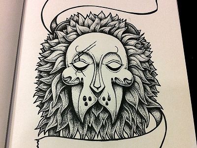 Lion Mask banner black and white illustration ink lion mask pen stippling tattoo