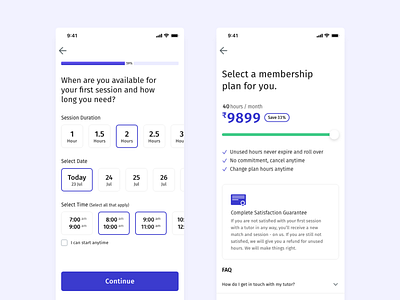 Select Session and Membership Screens for online tutor iOS App ios membership minimal mobile app mobile apps multiple selection session slider design subscription tutor ui uiux