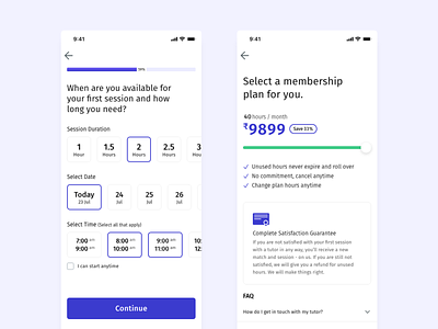 Select Session and Membership Screens for online tutor iOS App