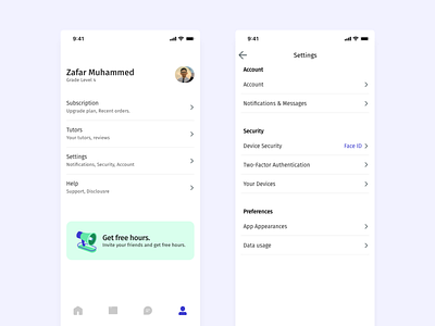 Account and Settings Screens for online tutor application account account screen ad in app back buttonn cool ui mobile app navbar setting settings settings ui tabbar tutor ui uidesign uiux ux