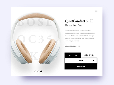 Product page for headphones black and white bose clean ecommerce headphones minimalistic music product store ui