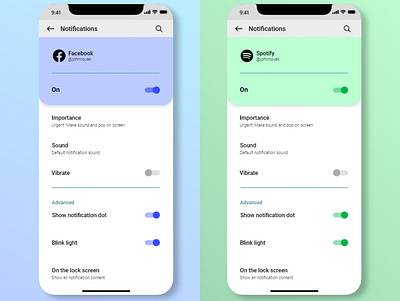 Notifications settings | Redesign | Color by app app application blue branding colors daily ui dailyui design facebook green settings spotify ui ux uxui