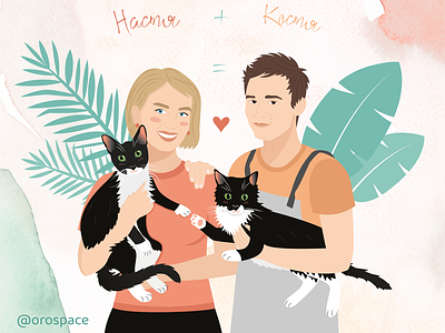 Wedding portrait with cats animals boy cat cats character characters cook couple creative family flowers girl greens happy he her illustration sweet vector wedding