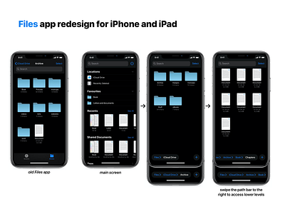 Files App Redesign for iPhone and iPad app redesign app ui concept apple files app file management files app folders iphone app path bar ui concept