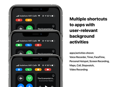 Multiple shortcuts to user-relevant background activies background activities ios 14 ios concept iphone ui multitasting shortcuts status bar ui concept