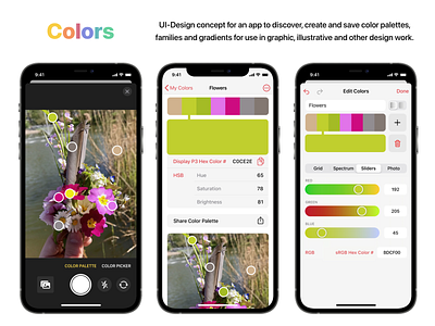 Colors App for iPhone app design app ui concept capture color palette colors colors palette colorscheme colours design work gradients graphic design high fidelity mockup illustration ios app iphone app ui concept