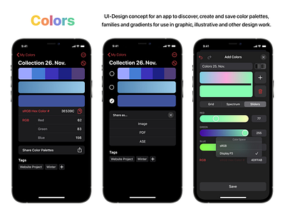 Colors App for iPhone app design app ui concept capture color palette colors colors palette colorscheme colours dark mode darkmode design work display p3 graphic design graphic designer graphicdesign high fidelity mockup illustration iphone app srbg ui concept