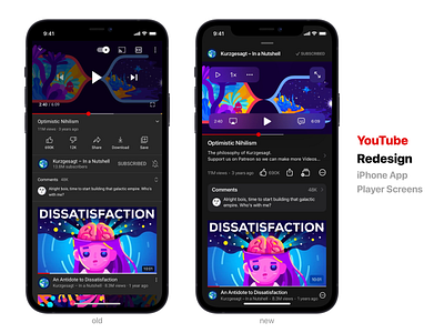 YouTube Redesign of iPhone App Player Screens app redesign apple design glass morphism glassmorphism high fidelity mockups human interface guidelines ios concept iphone app player ui ui ux ui design video youtube youtube redesign