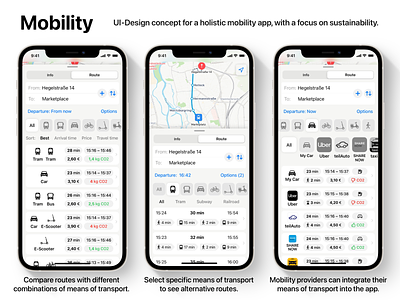 Holistic Mobility App app concept app design apple design co2 emissions ios app ios concept iphone app means of transport mobility new mobility public transport railroad route planning ui concept ui design