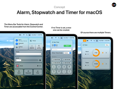 Alarm, Stopwatch and Timer alarm apple design apple ui control center high fidelity macbook macos 13 macos concept menu bar tool stopwatch timer ui ui design concept
