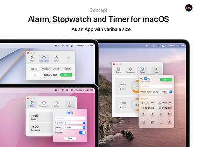 Alarm, Stopwatch and Timer for macOS alarm app concept app ui apple design apple ui high fidelity mac app macbook macos 13 macos concept stopwatch timer ui ui design concept
