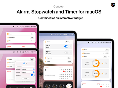 Alarm, Stopwatch and Timer for macOS alarm apple design apple ui high fidelity mac widgets macbook macos 13 macos concept stopwatch timer ui ui design concept uiux widgets