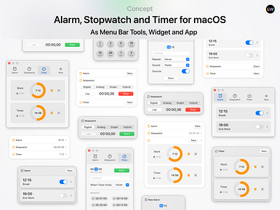 Alarm, Stopwatch and Timer for macOS alarm app design apple design apple ui high fidelity macbook macos 13 macos concept stopwatch timer ui ui design concept uiux