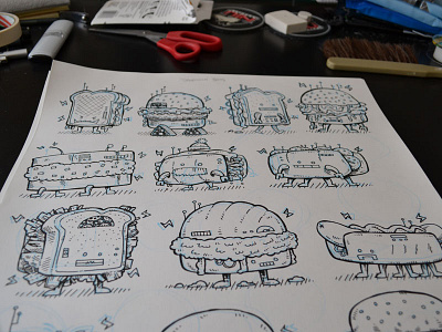 WIP Sandwich Robots blueline food illo illustration ink pen robots sandwich wip