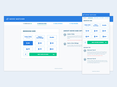 Movematcher progressive form bedroom button design flow form moving product product design quote ui design ux design
